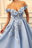 Blue Off Shoulder Flower Appliques A-line Long Modest Beautiful Prom Dress OKH13