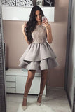 Bateau A Line Tiered Grey Satin Short Homecoming Party Dresses with Lace OKB40