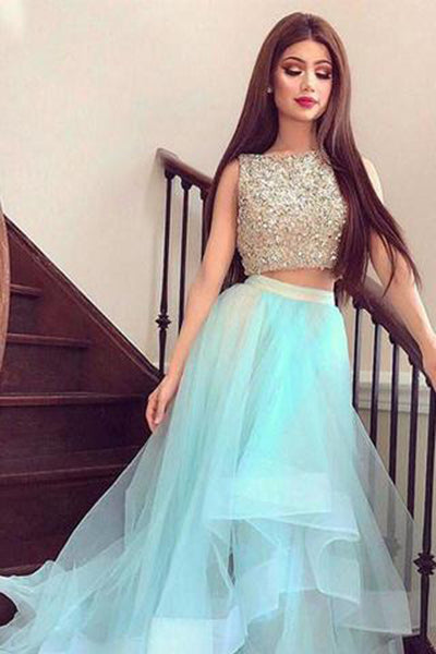 2017 Prom Dress,Bateau Prom Dresses With Rhinestone,High-low Prom Dress,Short Party Dresses,Two Piece Prom Dresses,Beading Homecoming Dresses