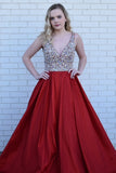 Unique Prom Dresses,V Neck Prom Gown,Red Evening Dress,A Line Prom Dress