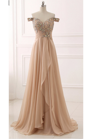 Chiffon Prom Dress,Off Shoulder Prom Dresses,Beaded Evening Dress,Pleated Prom Dresses,A Line Prom Gown,Champagne Prom Dresses