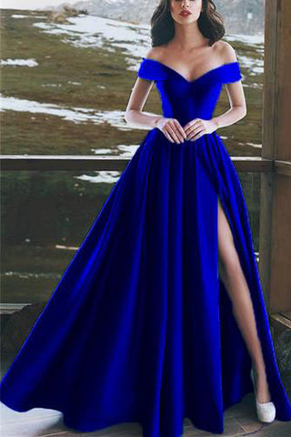 Elegant V Neck Off The Shoulder Long Satin Prom Dress With Slit OKE43