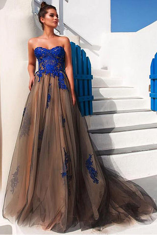 Modest Prom Dresses,Tulle Prom Gown,Strapless Prom Dress,Appliques Prom Dress