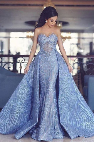 Elegant Prom Dresses,Sweetheart Prom Gown,Mermaid Prom Dresses,,Prom Dress With Detachable Train,Fashion Evening Dresses,Blue Party Dress
