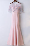 Elegant Prom Dress,Pink Prom Dresses,Short Sleeve Evening Gown,Satin Prom Dresses,Lace Prom Gown,Long Prom Dress