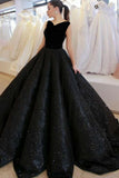 Black V Neck Sequined Ball Gown Prom Dresses, Big Formal Dresses OKI83