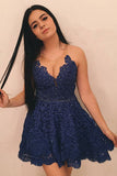Fashion A-Line Round Neck Dark Blue Lace Short Homecoming Dresses with Beading OKB13