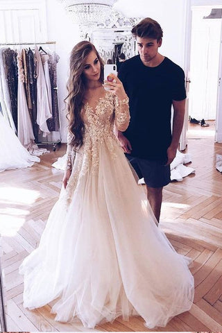 A-Line Long Sleeves Tulle Prom Dresses with Appliques, Wedding Dresses OKF18