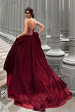 Glamorous A-Line Strapless Burgundy Long Chiffon Prom Dresses With Lace OK855