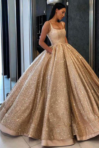 Beaded Sequins Gold Ball Gown Prom Dresses with Pockets,Long Quinceanera Dresses OKE59