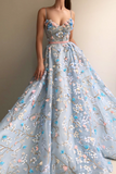 A Line Lace Spaghetti Straps Long Light Blue Prom Dresses OKE42