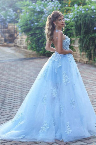 Light Blue Prom Dress,Lace Prom Dresses,Appliques Prom Dress,Ball Gown Prom Dress,Princess Wedding Dress,Long Wedding Gown