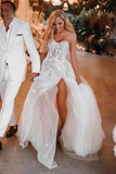 A-line Sweetheart Lace Appliques Bohemian Wedding Dress with Slit OK1978