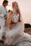 A-line Sweetheart Lace Appliques Bohemian Wedding Dress with Slit OK1978