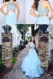 Fashion Two Pieces Light Blue Lace Tulle Ruffles A-line Prom Dresses For Teens OK694