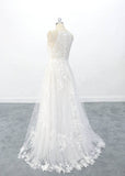 A-line Lace Appliques Tulle Boho Wedding Dresses Beach Wedding Dress OKU94