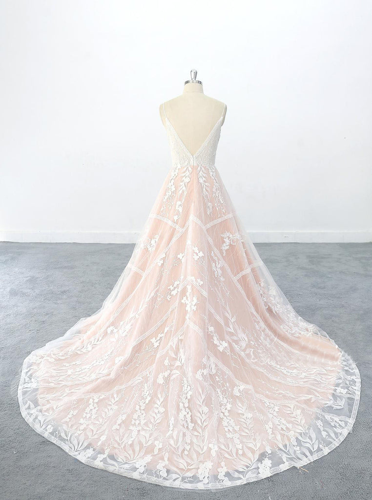 A-line Style V Neckline Nude Orange Lining Wedding Dress with Flora Lace Skirt OKU72