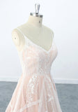 A-line Style V Neckline Nude Orange Lining Wedding Dress with Flora Lace Skirt OKU72