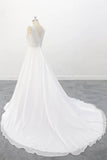 Illusion Boho Wedding Dress with Floral Lace Appliques Lace Top Wedding Dress With V Back OKU93