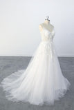 A-line Spaghetti Straps Lace Appliques Tulle Wedding Dress with V Neckline OKU69