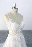 A-line Spaghetti Straps Lace Appliques Tulle Wedding Dress with V Neckline OKU69