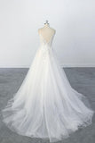 A-line Spaghetti Straps Lace Appliques Tulle Wedding Dress with V Neckline OKU69