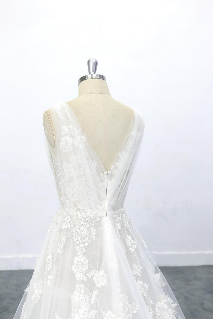 Deep V Plunge Beach Wedding Dress Tulle Skirt Lace Wedding Dress With V Back OKU70