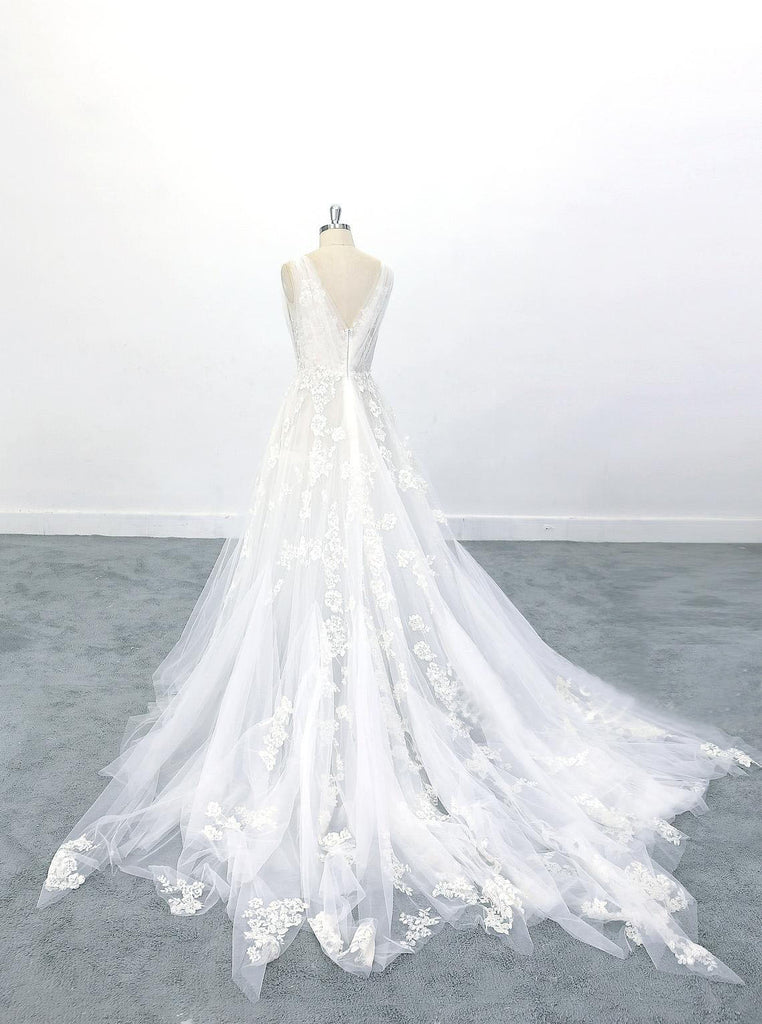 Deep V Plunge Beach Wedding Dress Tulle Skirt Lace Wedding Dress With V Back OKU70