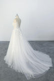 A-line Spaghetti Straps Lace Appliques Tulle Wedding Dress with V Neckline OKU69