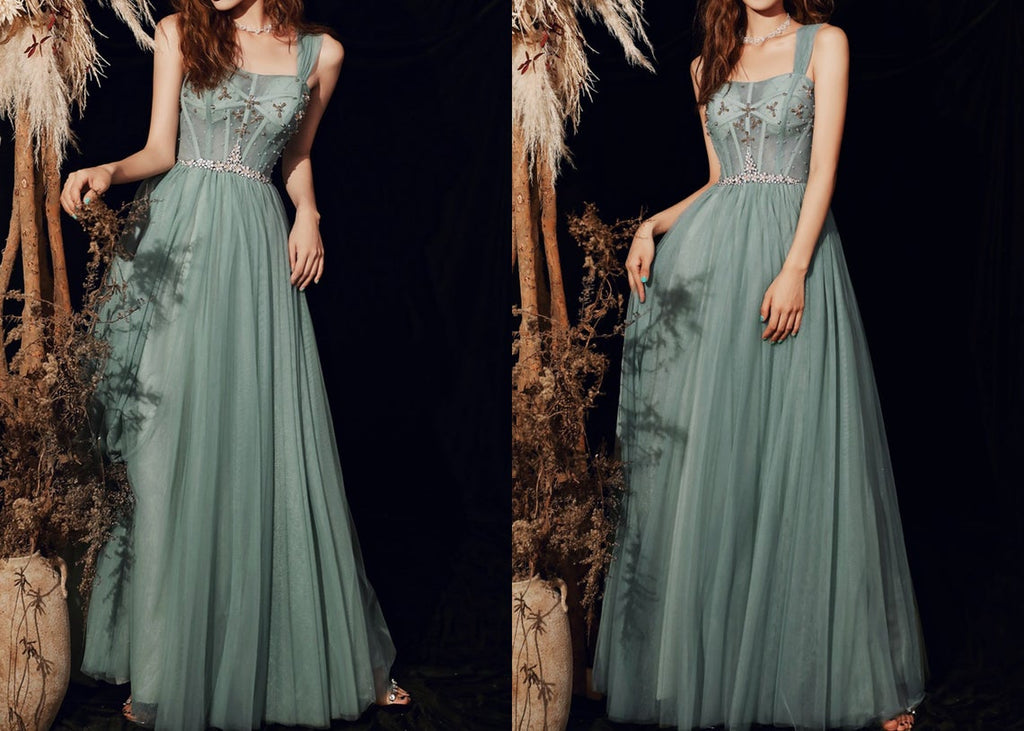 Green Spaghetti Straps Prom Dress Fairy Evening Party Dress Lace-up Slleveless Prom Gown OKW78