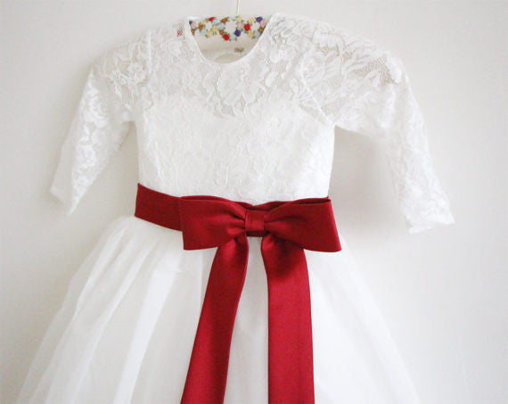 Long Sleeves Ivory Burgundy Sash Bows Lace Tulle Flower Girl Dresses OK211