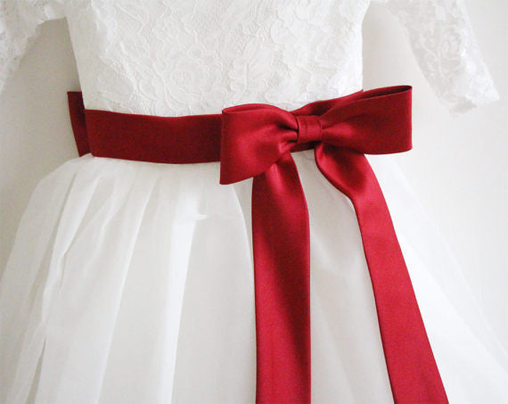 Long Sleeves Ivory Burgundy Sash Bows Lace Tulle Flower Girl Dresses OK211