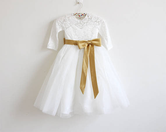 Long Sleeves Light Ivory Lace Tulle Flower Girl Dresses With Silver Sash OK206