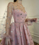Sparkly Long Sleeve Short Unique Sheer Neck Stars Mini Homecoming Dress OKD50