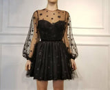 Sparkly Long Sleeve Short Unique Sheer Neck Stars Mini Homecoming Dress OKD50