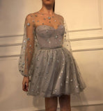 Sparkly Long Sleeve Short Unique Sheer Neck Stars Mini Homecoming Dress OKD50