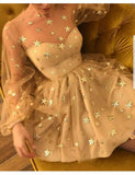 Sparkly Long Sleeve Short Unique Sheer Neck Stars Mini Homecoming Dress OKD50