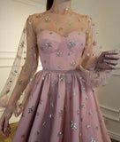 Sparkly Long Sleeve Short Unique Sheer Neck Stars Mini Homecoming Dress OKD50