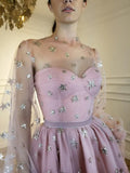 Sparkly Long Sleeve Short Unique Sheer Neck Stars Mini Homecoming Dress OKD50
