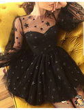 Sparkly Long Sleeve Short Unique Sheer Neck Stars Mini Homecoming Dress OKD50