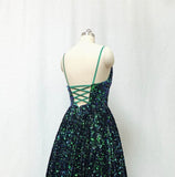 A-line Sequin Prom Dress Spaghetti Straps Forest Green Long Evening Dress OKW6