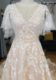 Vintage Blush A-line Wedding Dress With Flutter Sleeve Lace Appliques OKU79