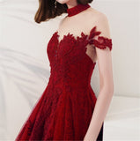 Burgundy High Neck Sheer Shoulder Long Prom Dress Prom Dress Evening Gown Girl OKV84