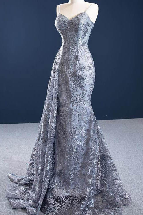 Mermaid Lace Grey Sleeveless Spaghetti Straps Long Formal Evening Dresses OKU97