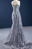 Mermaid Lace Grey Sleeveless Spaghetti Straps Long Formal Evening Dresses OKU97