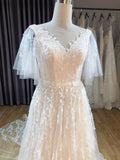 Vintage Blush A-line Wedding Dress With Flutter Sleeve Lace Appliques OKU79