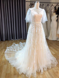 Vintage Blush A-line Wedding Dress With Flutter Sleeve Lace Appliques OKU79