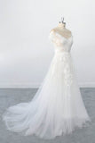 Exquisite off Shoulder Sleeves Lace Appliques Tulle Wedding Dresses with Illusion Neckline OKU95