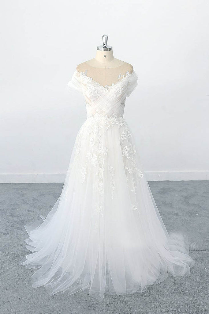 Exquisite off Shoulder Sleeves Lace Appliques Tulle Wedding Dresses with Illusion Neckline OKU95