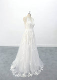 A-line Lace Appliques Tulle Boho Wedding Dresses Beach Wedding Dress OKU94